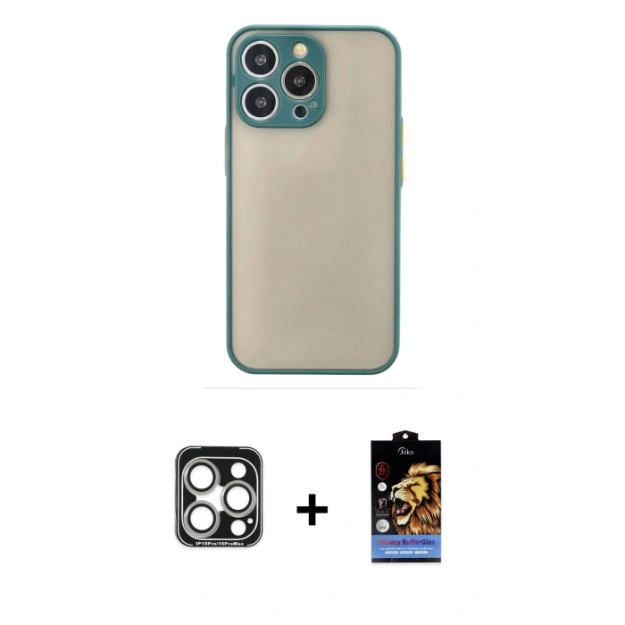 MARSİLYAN™- iPhone 15 Pro Max Kılıf Ahenk Çizgi Serisi - Siyah Buffer Hayalet Cam Ekran Koruyucu + Gümüş PVD Metal Kamera Lens