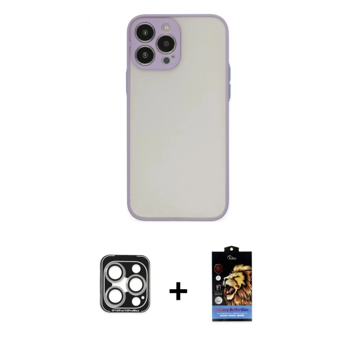 MARSİLYAN™- iPhone 15 Pro Max Kılıf Ahenk Çizgi Serisi - Siyah Buffer Hayalet Cam Ekran Koruyucu + Gümüş PVD Metal Kamera Lens