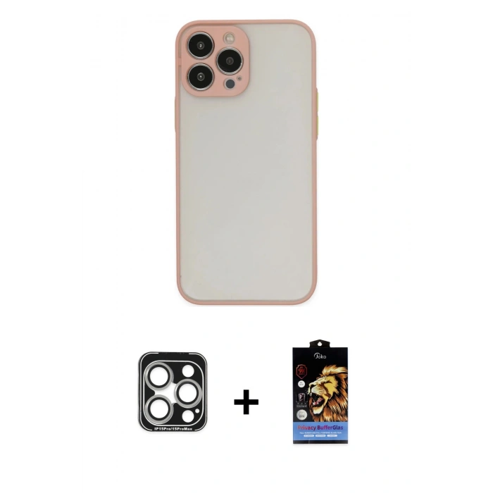 MARSİLYAN™- iPhone 15 Pro Max Kılıf Ahenk Çizgi Serisi - Siyah Buffer Hayalet Cam Ekran Koruyucu + Gümüş PVD Metal Kamera Lens