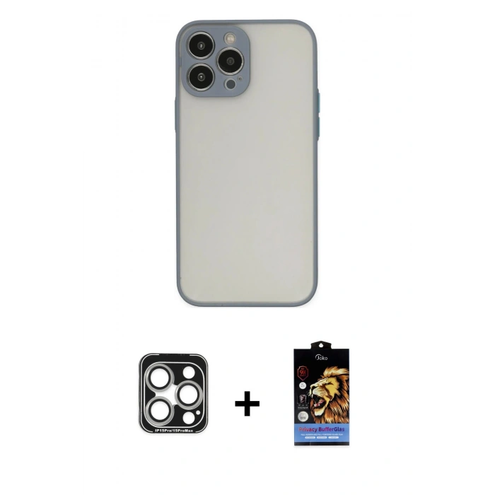 MARSİLYAN™- iPhone 15 Pro Max Kılıf Ahenk Çizgi Serisi - Siyah Buffer Hayalet Cam Ekran Koruyucu + Gümüş PVD Metal Kamera Lens