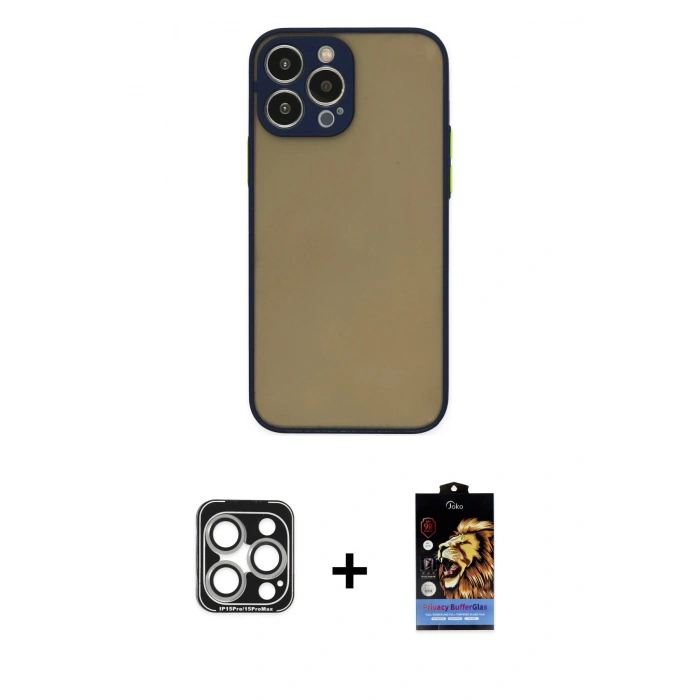 MARSİLYAN™- iPhone 15 Pro Max Kılıf Ahenk Çizgi Serisi - Siyah Buffer Hayalet Cam Ekran Koruyucu + Gümüş PVD Metal Kamera Lens