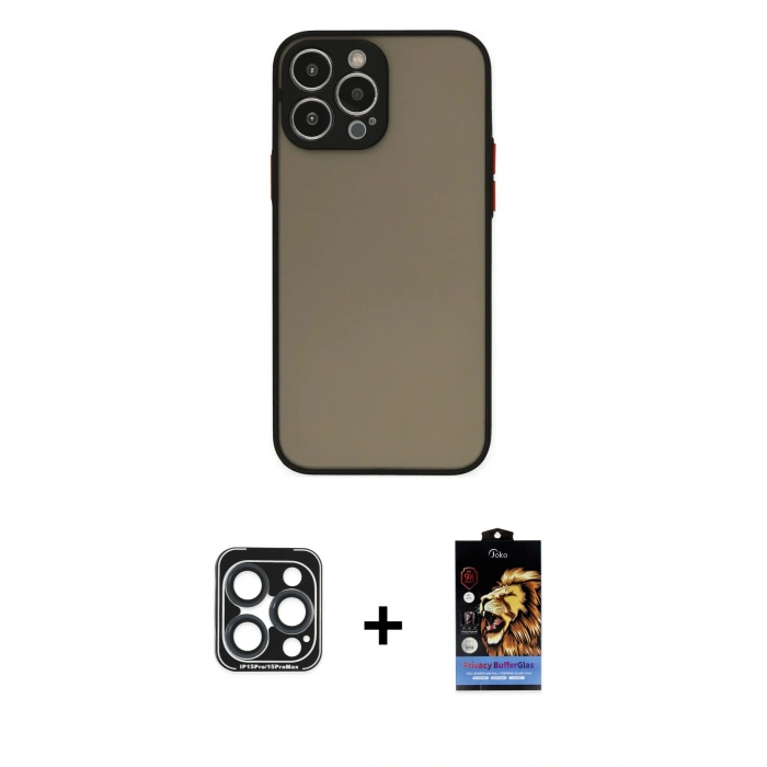 MARSİLYAN™- iPhone 15 Pro Max Kılıf Ahenk Çizgi Serisi - Siyah Buffer Hayalet Cam Ekran Koruyucu + PVD Metal Kamera Lens - LT