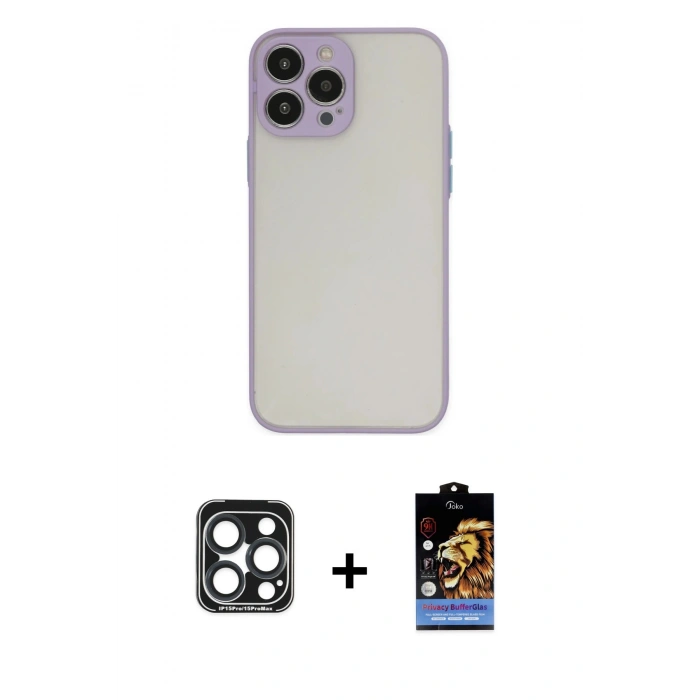 MARSİLYAN™- iPhone 15 Pro Max Kılıf Ahenk Çizgi Serisi - Siyah Buffer Hayalet Cam Ekran Koruyucu + PVD Metal Kamera Lens - LT