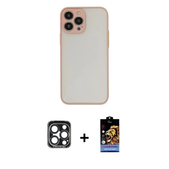 MARSİLYAN™- iPhone 15 Pro Max Kılıf Ahenk Çizgi Serisi - Siyah Buffer Hayalet Cam Ekran Koruyucu + PVD Metal Kamera Lens - LT