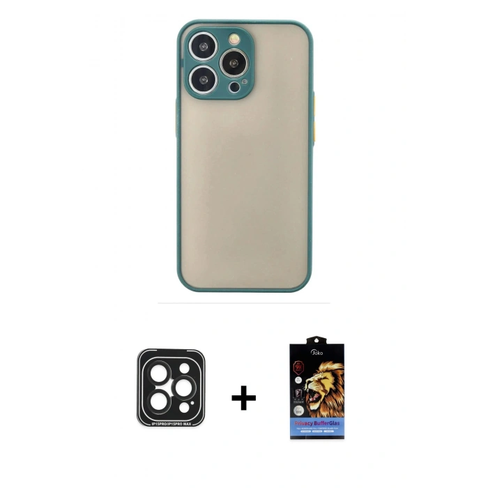 MARSİLYAN™- iPhone 15 Pro Max Kılıf Ahenk Çizgi Serisi - Siyah Buffer Hayalet Cam Ekran Koruyucu + PVD Metal Kamera Lens - SH