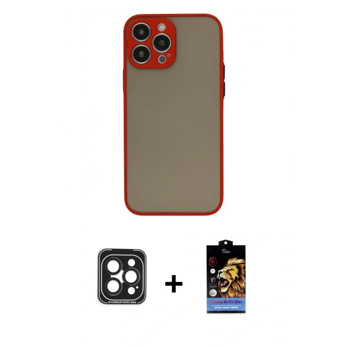 MARSİLYAN™- iPhone 15 Pro Max Kılıf Ahenk Çizgi Serisi - Siyah Buffer Hayalet Cam Ekran Koruyucu + PVD Metal Kamera Lens - SH