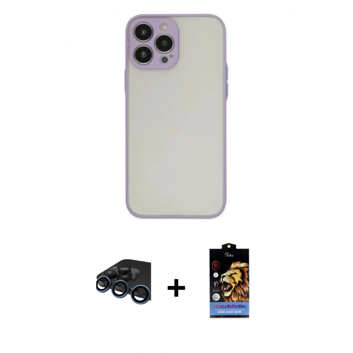 MARSİLYAN™- iPhone 15 Pro Max Kılıf Ahenk Çizgi Serisi - Siyah Buffer Hayalet Cam Ekran Koruyucu + Raze Metal Kamera Lens - LT