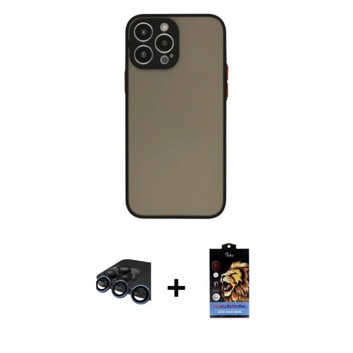 MARSİLYAN™- iPhone 15 Pro Max Kılıf Ahenk Çizgi Serisi - Siyah Buffer Hayalet Cam Ekran Koruyucu + Raze Metal Kamera Lens - LT