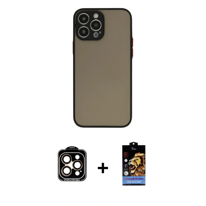 MARSİLYAN™- iPhone 15 Pro Max Kılıf Ahenk Çizgi Serisi - Siyah Buffer Hayalet Cam Ekran Koruyucu + Turuncu PVD Metal Kamera Lens