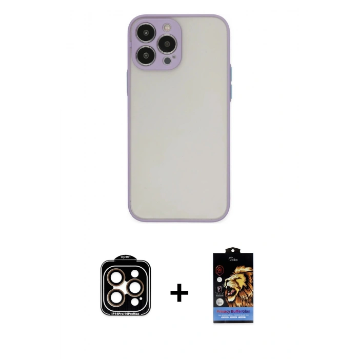 MARSİLYAN™- iPhone 15 Pro Max Kılıf Ahenk Çizgi Serisi - Siyah Buffer Hayalet Cam Ekran Koruyucu + Turuncu PVD Metal Kamera Lens