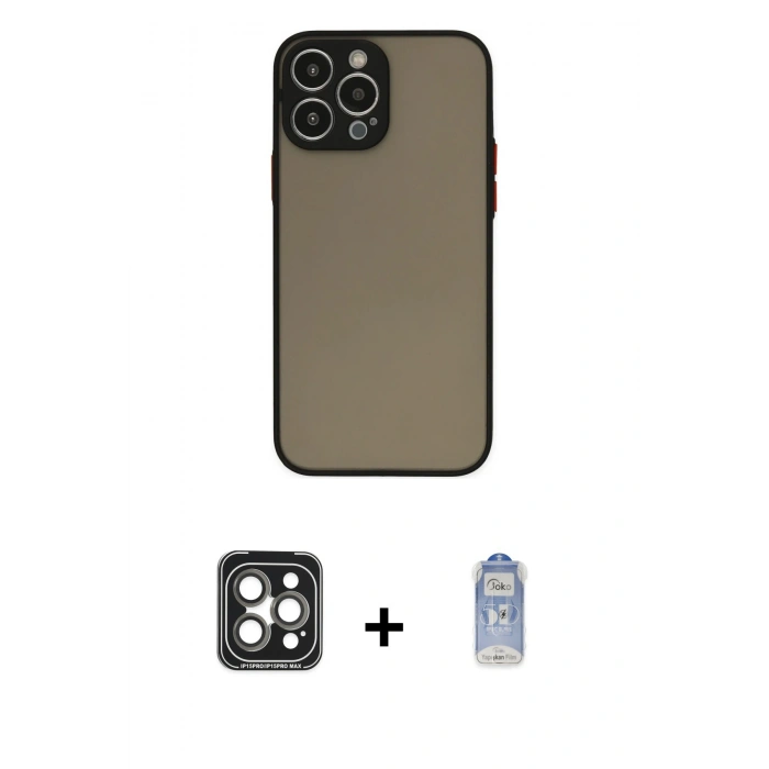 MARSİLYAN™- iPhone 15 Pro Max Kılıf Ahenk Çizgi Serisi - Siyah Joko Magic 5D Cam + Gri PVD Metal Kamera Lens