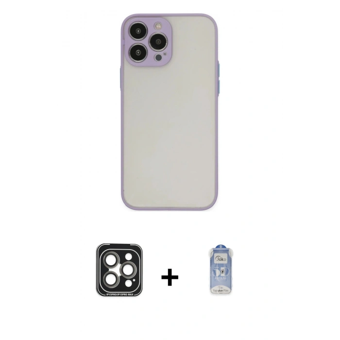 MARSİLYAN™- iPhone 15 Pro Max Kılıf Ahenk Çizgi Serisi - Siyah Joko Magic 5D Cam + Gri PVD Metal Kamera Lens