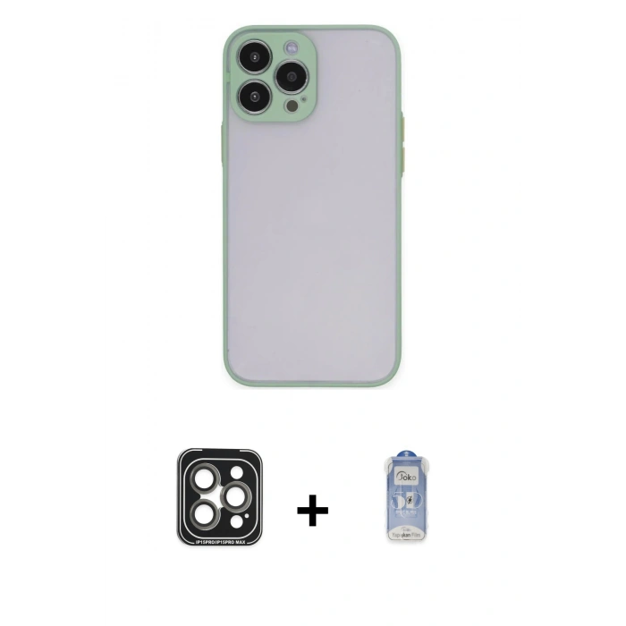MARSİLYAN™- iPhone 15 Pro Max Kılıf Ahenk Çizgi Serisi - Siyah Joko Magic 5D Cam + Gri PVD Metal Kamera Lens