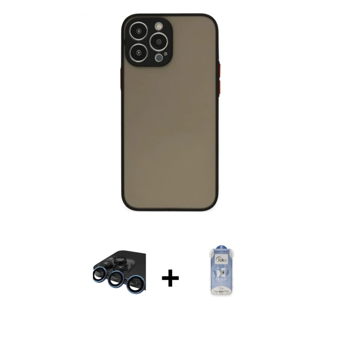 MARSİLYAN™- iPhone 15 Pro Max Kılıf Ahenk Çizgi Serisi - Siyah Joko Magic 5D Cam + Raze Metal Kamera Lens - LT