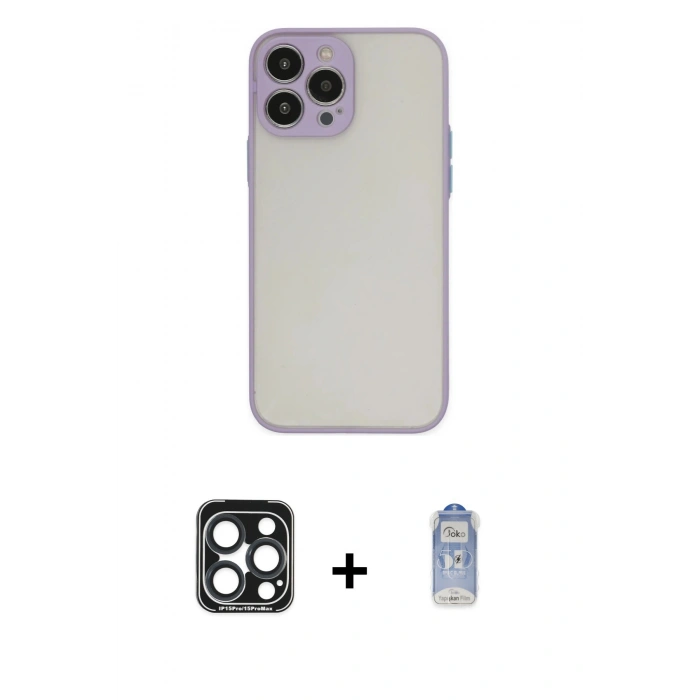 MARSİLYAN™- iPhone 15 Pro Max Kılıf Ahenk Çizgi Serisi - Siyah Joko Magic 5D Cam + PVD Metal Kamera Lens - LT