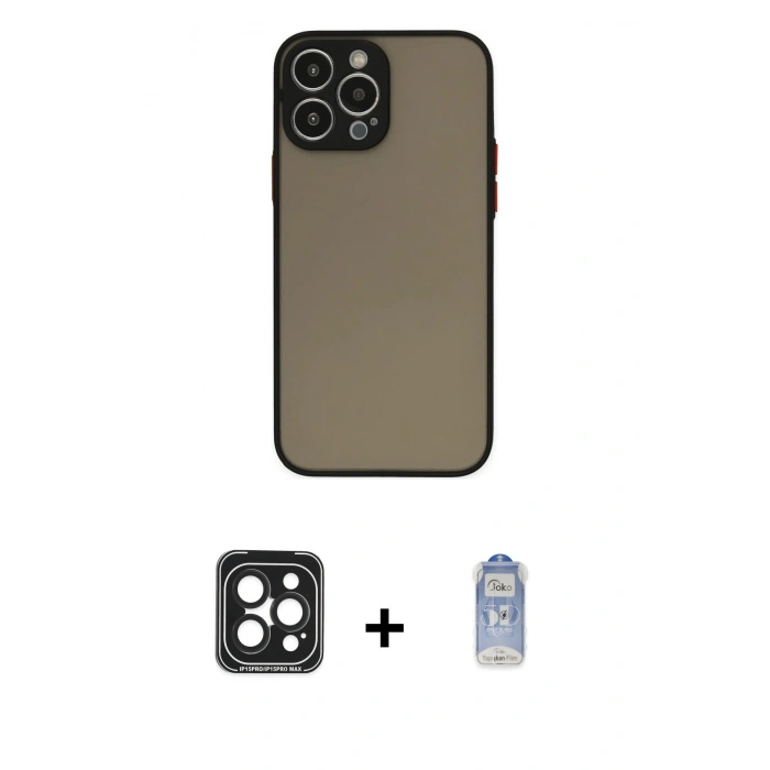 MARSİLYAN™- iPhone 15 Pro Max Kılıf Ahenk Çizgi Serisi - Siyah Joko Magic 5D Cam + PVD Metal Kamera Lens - SH