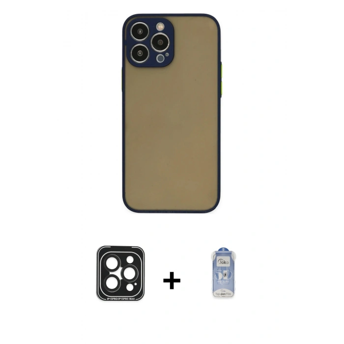 MARSİLYAN™- iPhone 15 Pro Max Kılıf Ahenk Çizgi Serisi - Siyah Joko Magic 5D Cam + PVD Metal Kamera Lens - SH
