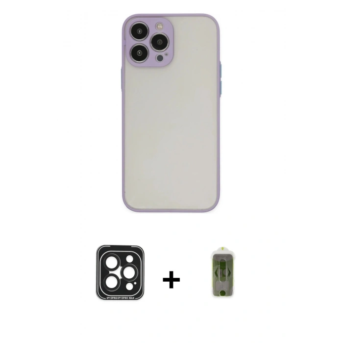 MARSİLYAN™- iPhone 15 Pro Max Kılıf Ahenk Çizgi Serisi - Siyah Joko Magic 5D Hayalet Cam + PVD Metal Kamera Lens - SH