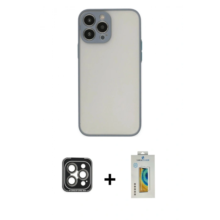MARSİLYAN™- iPhone 15 Pro Max Kılıf Ahenk Çizgi Serisi - Siyah Polymer Nano Ekran Koruyucu + PVD Metal Kamera Lens - GI