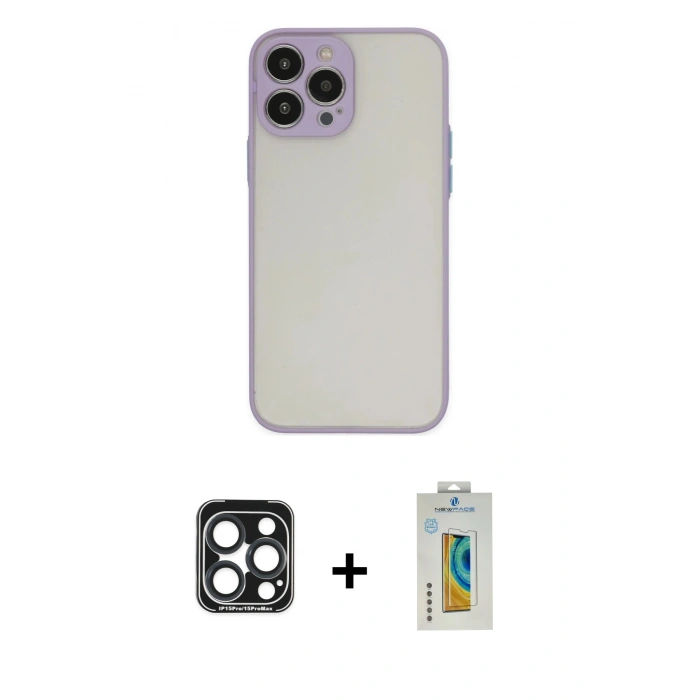 MARSİLYAN™- iPhone 15 Pro Max Kılıf Ahenk Çizgi Serisi - Siyah Polymer Nano Ekran Koruyucu + PVD Metal Kamera Lens - LT