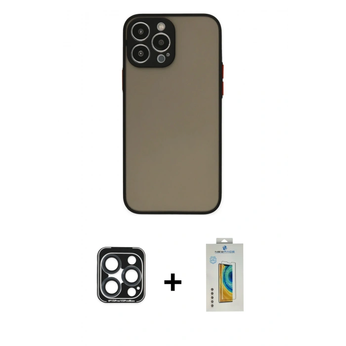 MARSİLYAN™- iPhone 15 Pro Max Kılıf Ahenk Çizgi Serisi - Siyah Polymer Nano Ekran Koruyucu + PVD Metal Kamera Lens - LT