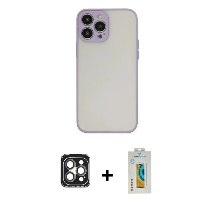 MARSİLYAN™- iPhone 15 Pro Max Kılıf Ahenk Çizgi Serisi - Siyah Polymer Nano Ekran Koruyucu + PVD Metal Kamera Lens - GI