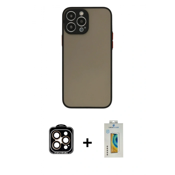 MARSİLYAN™- iPhone 15 Pro Max Kılıf Ahenk Çizgi Serisi - Siyah Polymer Nano Ekran Koruyucu + PVD Metal Kamera Lens - TU