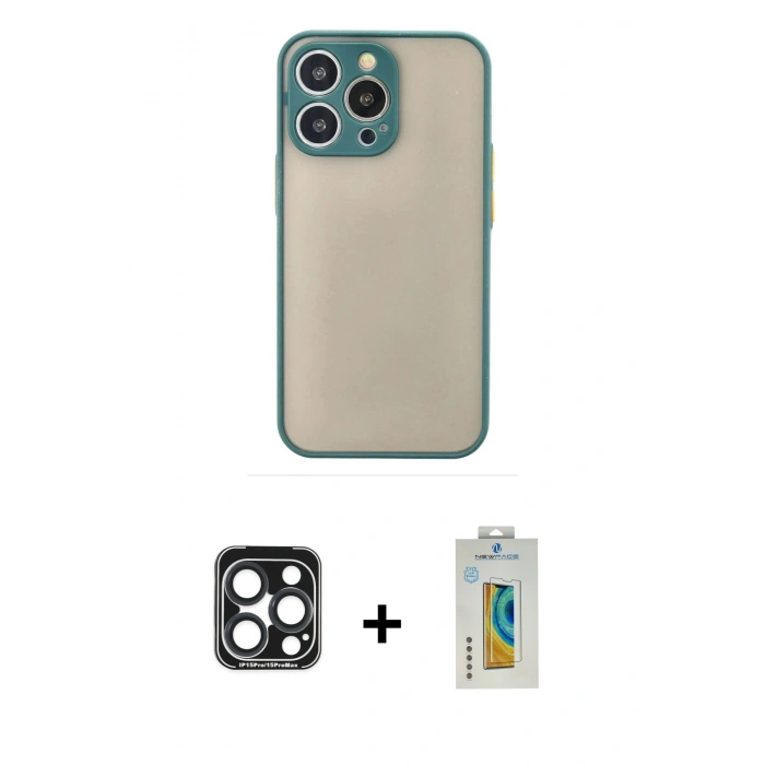 MARSİLYAN™- iPhone 15 Pro Max Kılıf Ahenk Çizgi Serisi - Siyah Polymer Nano Ekran Koruyucu + PVD Metal Kamera Lens - LT