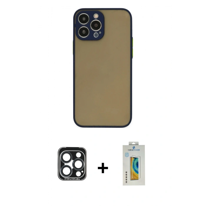 MARSİLYAN™- iPhone 15 Pro Max Kılıf Ahenk Çizgi Serisi - Siyah Polymer Nano Ekran Koruyucu + PVD Metal Kamera Lens - LT