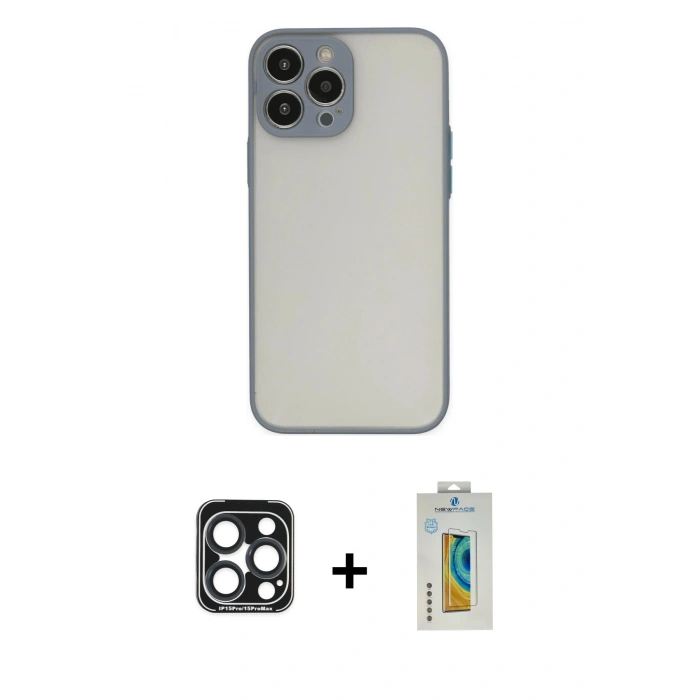 MARSİLYAN™- iPhone 15 Pro Max Kılıf Ahenk Çizgi Serisi - Siyah Polymer Nano Ekran Koruyucu + PVD Metal Kamera Lens - LT