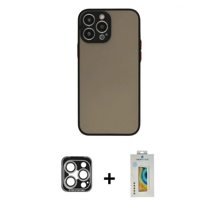 MARSİLYAN™- iPhone 15 Pro Max Kılıf Ahenk Çizgi Serisi - Siyah Polymer Nano Ekran Koruyucu + PVD Metal Kamera Lens - GS