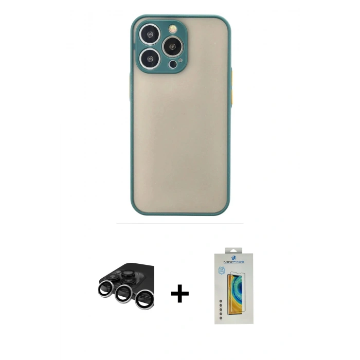 MARSİLYAN™- iPhone 15 Pro Max Kılıf Ahenk Çizgi Serisi - Siyah Polymer Nano Ekran Koruyucu + Raze Metal Kamera Lens - GS