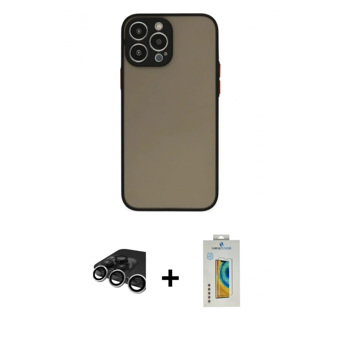 MARSİLYAN™- iPhone 15 Pro Max Kılıf Ahenk Çizgi Serisi - Siyah Polymer Nano Ekran Koruyucu + Raze Metal Kamera Lens - GS