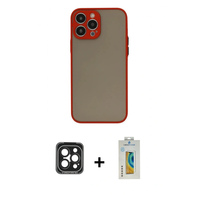 MARSİLYAN™- iPhone 15 Pro Max Kılıf Ahenk Çizgi Serisi - Siyah Polymer Nano Ekran Koruyucu + Siyah PVD Metal Kamera Lens