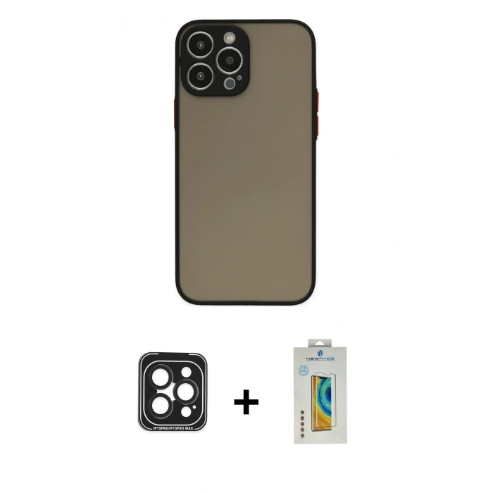 MARSİLYAN™- iPhone 15 Pro Max Kılıf Ahenk Çizgi Serisi - Siyah Polymer Nano Ekran Koruyucu + Siyah PVD Metal Kamera Lens