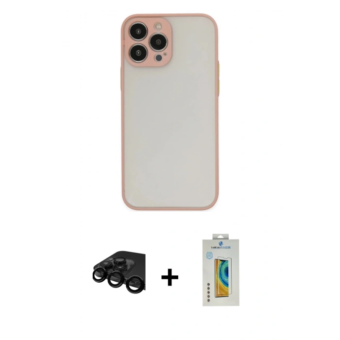 MARSİLYAN™- iPhone 15 Pro Max Kılıf Ahenk Çizgi Serisi - Siyah Polymer Nano Ekran Koruyucu + Siyah Raze Metal Kamera Lens
