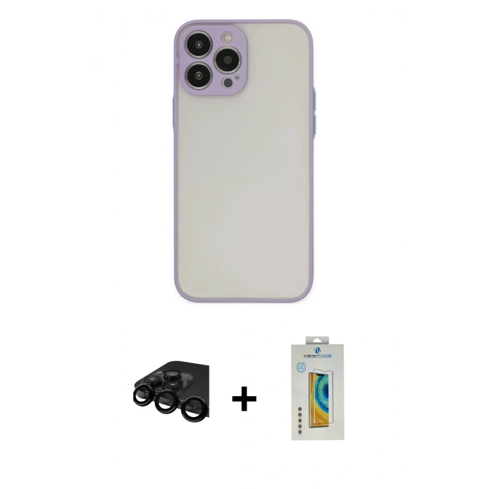 MARSİLYAN™- iPhone 15 Pro Max Kılıf Ahenk Çizgi Serisi - Siyah Polymer Nano Ekran Koruyucu + Siyah Raze Metal Kamera Lens