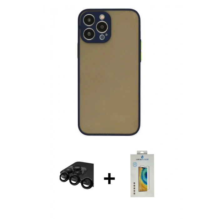 MARSİLYAN™- iPhone 15 Pro Max Kılıf Ahenk Çizgi Serisi - Siyah Polymer Nano Ekran Koruyucu + Siyah Raze Metal Kamera Lens