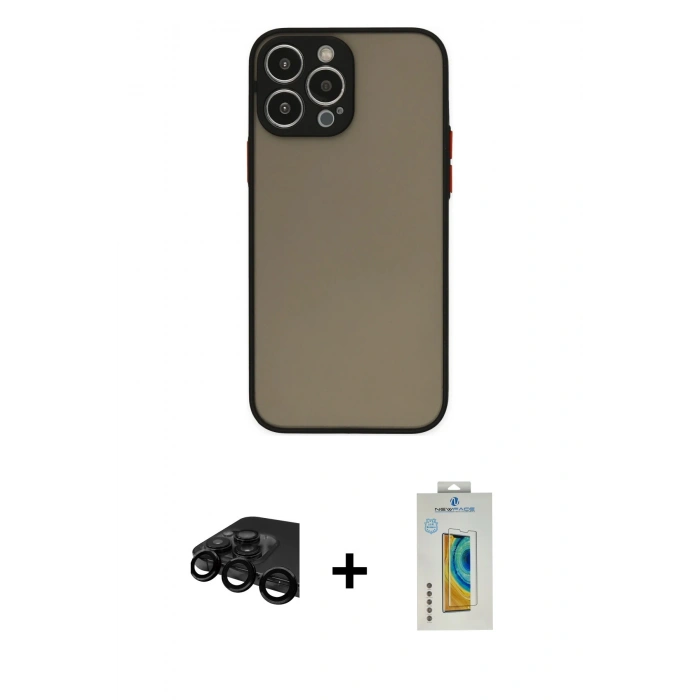 MARSİLYAN™- iPhone 15 Pro Max Kılıf Ahenk Çizgi Serisi - Siyah Polymer Nano Ekran Koruyucu + Siyah Raze Metal Kamera Lens