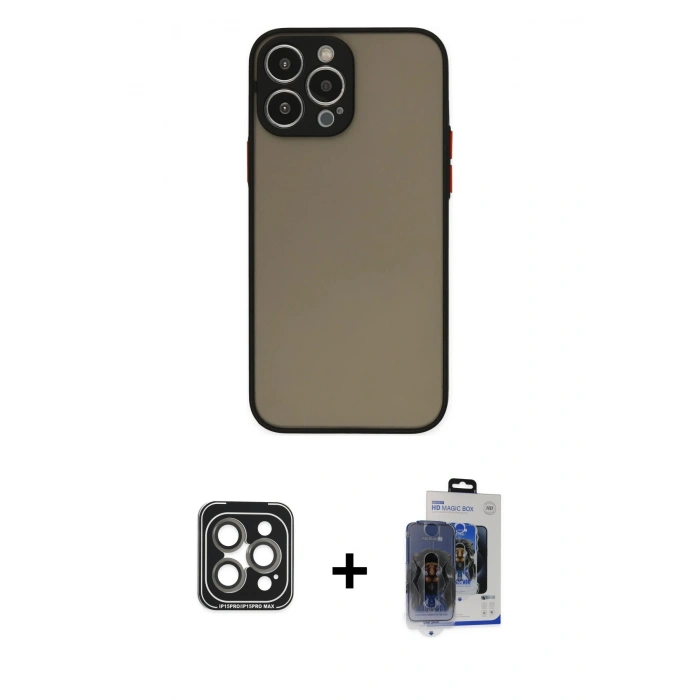 MARSİLYAN™- iPhone 15 Pro Max Kılıf Ahenk Çizgi Serisi - Siyah Vanessa Magic Cam + PVD Metal Kamera Lens - GI