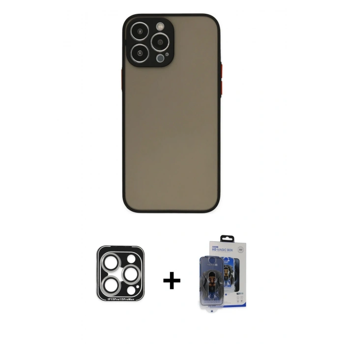 MARSİLYAN™- iPhone 15 Pro Max Kılıf Ahenk Çizgi Serisi - Siyah Vanessa Magic Cam + PVD Metal Kamera Lens - GS