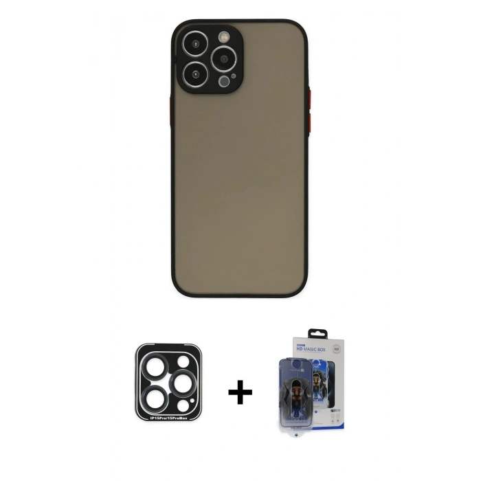 MARSİLYAN™- iPhone 15 Pro Max Kılıf Ahenk Çizgi Serisi - Siyah Vanessa Magic Cam + PVD Metal Kamera Lens - LT