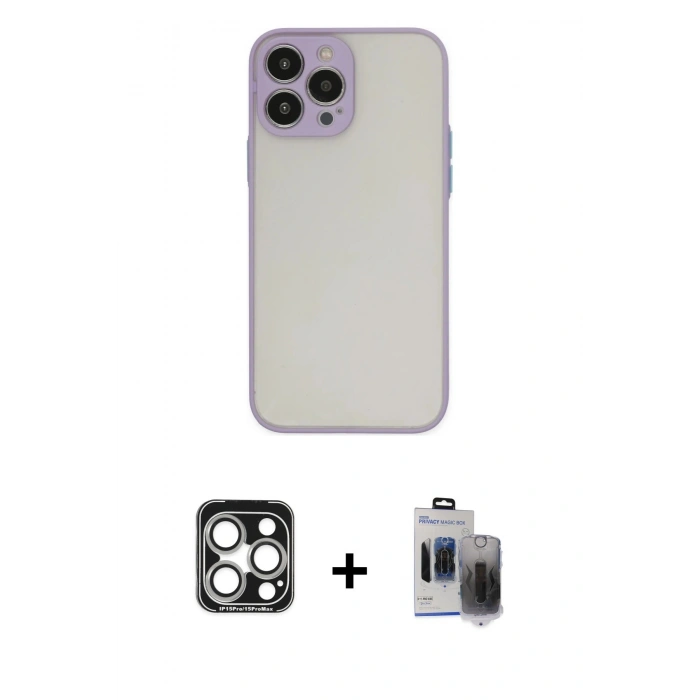 MARSİLYAN™- iPhone 15 Pro Max Kılıf Ahenk Çizgi Serisi - Siyah Vanessa Magic Hayalet Cam + PVD Metal Kamera Lens - GS