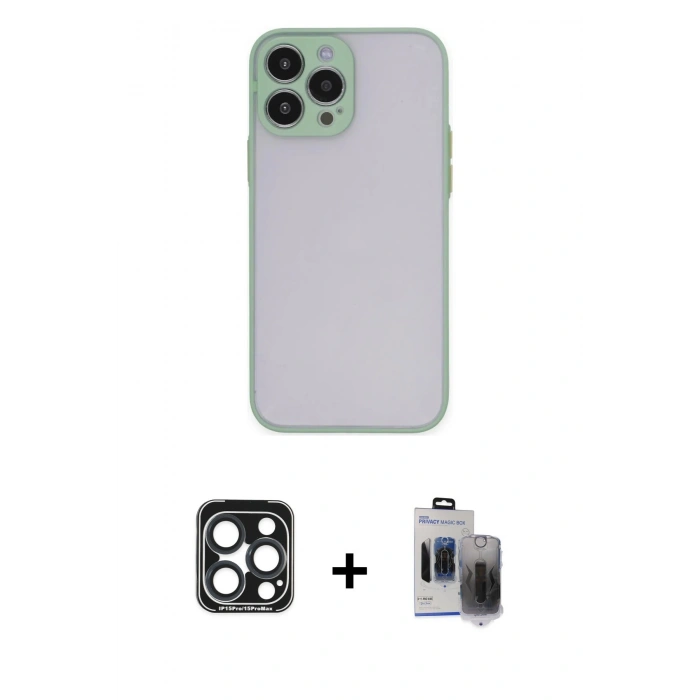 MARSİLYAN™- iPhone 15 Pro Max Kılıf Ahenk Çizgi Serisi - Siyah Vanessa Magic Hayalet Cam + PVD Metal Kamera Lens - LT