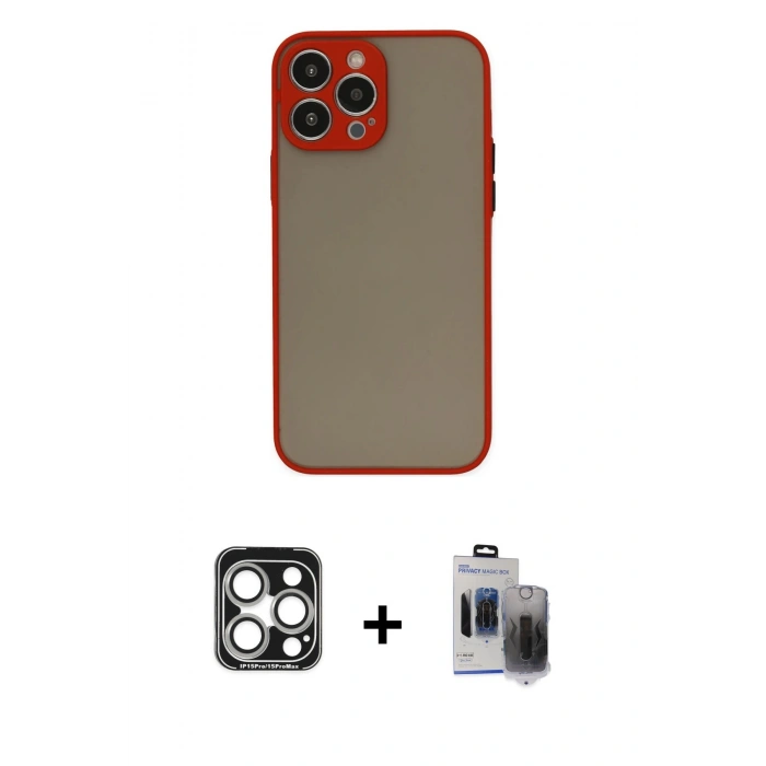 MARSİLYAN™- iPhone 15 Pro Max Kılıf Ahenk Çizgi Serisi - Siyah Vanessa Magic Hayalet Cam + PVD Metal Kamera Lens - GS