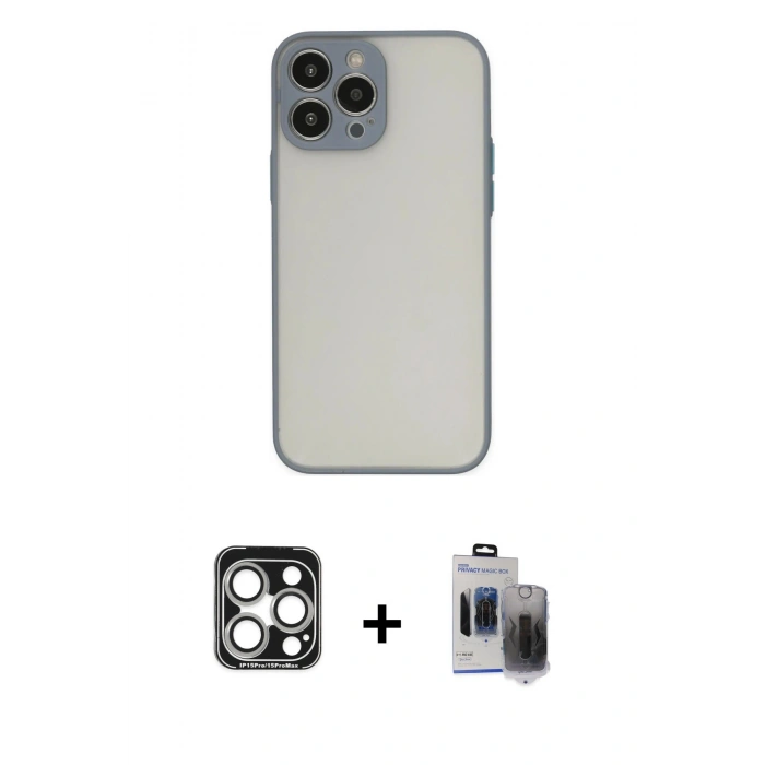 MARSİLYAN™- iPhone 15 Pro Max Kılıf Ahenk Çizgi Serisi - Siyah Vanessa Magic Hayalet Cam + PVD Metal Kamera Lens - GS