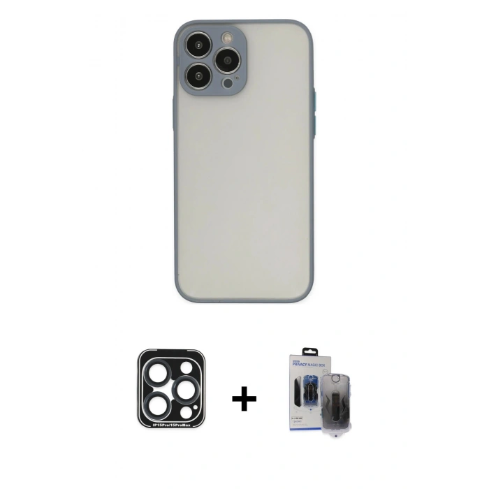 MARSİLYAN™- iPhone 15 Pro Max Kılıf Ahenk Çizgi Serisi - Siyah Vanessa Magic Hayalet Cam + PVD Metal Kamera Lens - LT