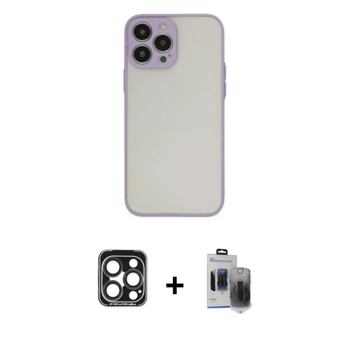 MARSİLYAN™- iPhone 15 Pro Max Kılıf Ahenk Çizgi Serisi - Siyah Vanessa Magic Hayalet Cam + PVD Metal Kamera Lens - LT