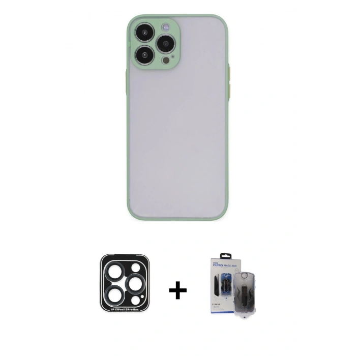 MARSİLYAN™- iPhone 15 Pro Max Kılıf Ahenk Çizgi Serisi - Siyah Vanessa Magic Hayalet Cam + PVD Metal Kamera Lens - LT