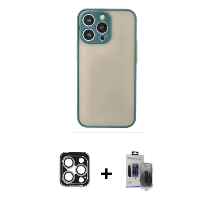 MARSİLYAN™- iPhone 15 Pro Max Kılıf Ahenk Çizgi Serisi - Siyah Vanessa Magic Hayalet Cam + PVD Metal Kamera Lens - GS